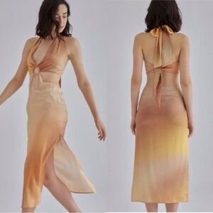 SILK MAISON Silk Gradient Halter Cut Out Slit Midi Dress